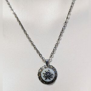 Vintage Necklace Silver Tone Chain Filigree Edelweiss Flower MOP Bohemian Boho